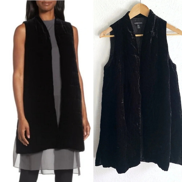Eileen Fisher Long Quilted Velvet Vest Black Silk Sz XXS Whimsigoth - Picture 1 of 6